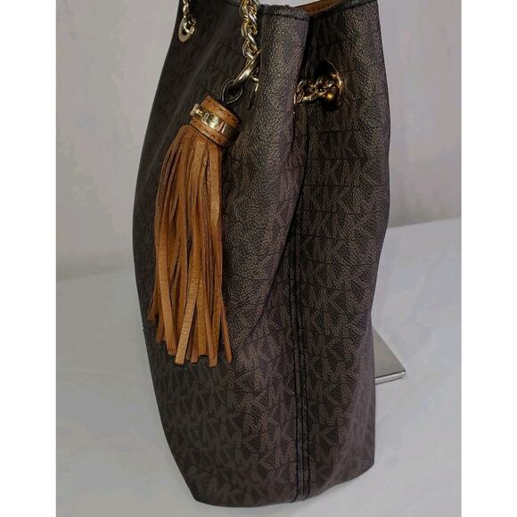 Michael Kors Jet Set Tassel Chain Tote MK Signature Brown Leather Shoulder Bag - Picture 8 of 16